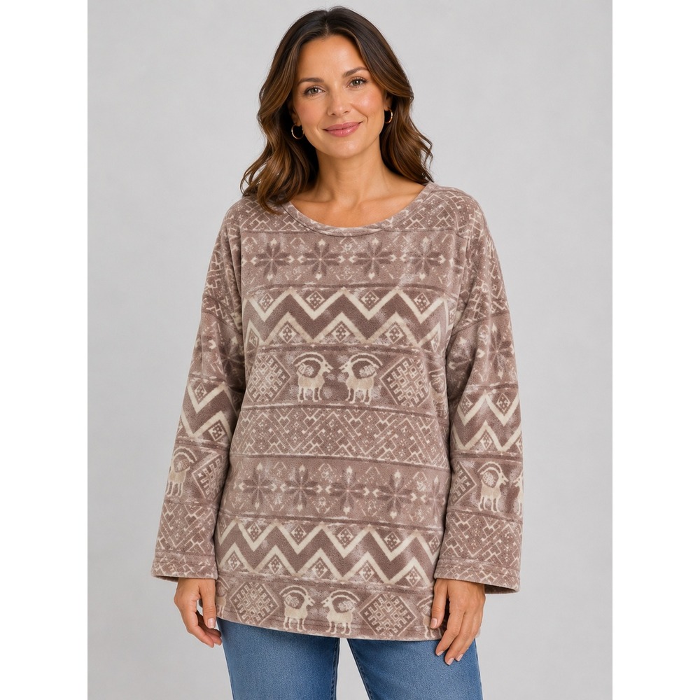 Vintage Jack Mulqueen Fleece Tunic Women Large Brown‎ Fair Isle Ram Southwestern